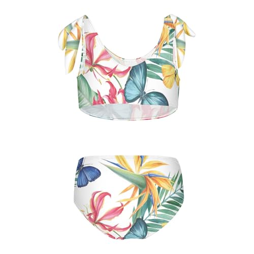 Girls Tropical Flowers and Butterflies Pattern Swimsuit Two Pieces Bikini Set Bathing Suits Swimwear Crop Top Swimsuit Set2