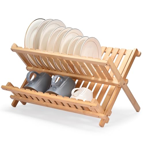 Vdomus Bamboo Dish Drying Rack - Foldable Dish Rack for
