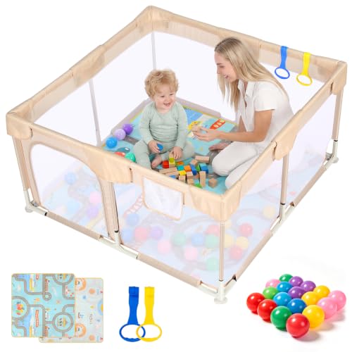 Baby Playpen with Play Mat 47x47 - Small Playpen for Babies & Toddlers, Activity Center, Indoor Outdoor, Beige