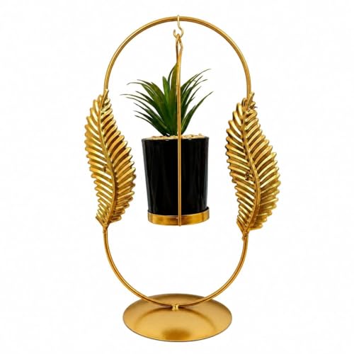 Image of Luxury Golden Metal Hanging Planter Stand with Decorative Leaf Design & Black Pot | Modern Tabletop Plant Holder for Home Decor, Living Room, Office & Balcony