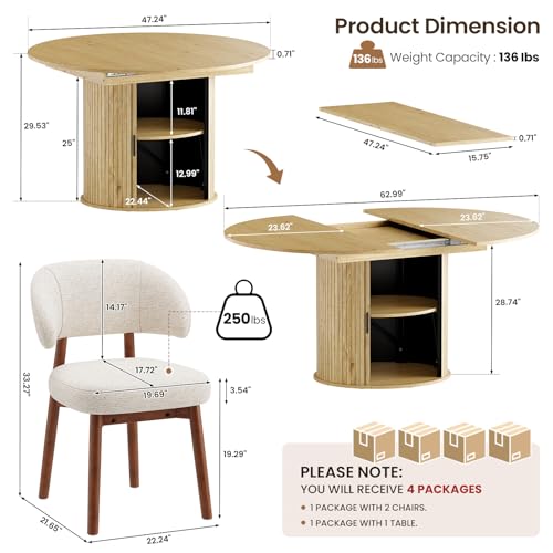 Image of MALOL 47 inch-63 inch Extendable Round to Oval Dining Table Chairs Set for 4-8, Modern Wooden Kitchen Table and Chairs with Hidden Storage and Fluted Design for Dining Room /Small Space(Natural Wood and Beige)