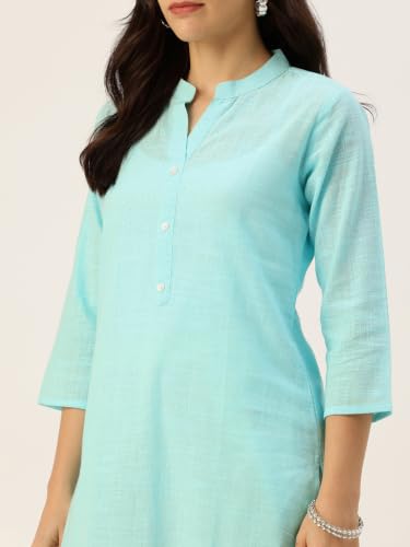 Image of feranoid Women's Plain Cotton Kurta with Mandarin Collar, 3 /4 Sleeves & Pocket
