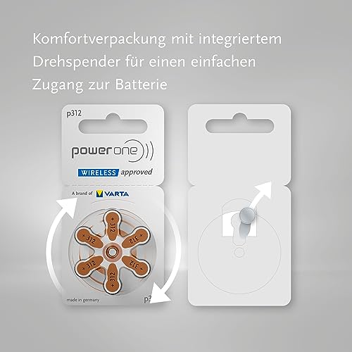 Power one Hörgerätebatterien Typ 312 braun, Batterien 60 Stück Vorratspack, wireless approved, Größe p312 für Hörgeräte und Hörhilfen, high hearing level, quecksilberfrei, Made in Germany
