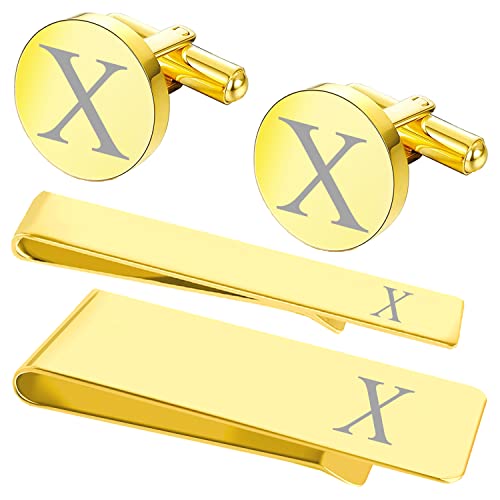 BodyJ4You 4PC Cufflinks, Tie Bar, Money Clip - Initial X Engraving Alphabet Letter - Mirror Polished Goldtone Steel Jewelry Set - Men's Cuff Links Shirt Formal Suit - Fathers Day Wedding Groom