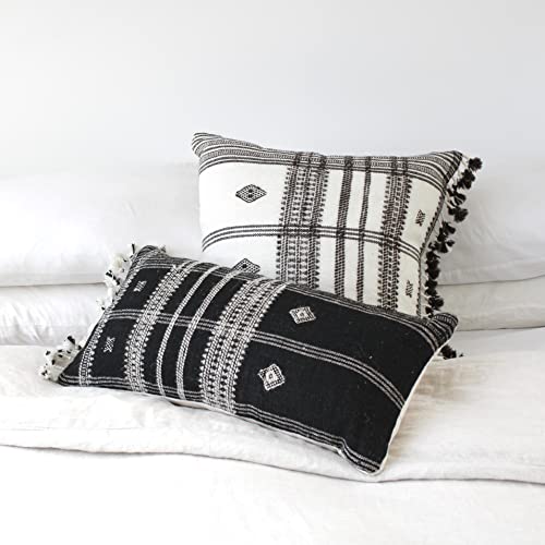 Casa Boho Lumbar Pillow Cover Indian Bhujodi Pillows Japandi Decor Pillows Plaid Decor Pillows Plaid Throw Pillows For Bedroom Decor Boho Decorative Pillows Wabi Sabi Decor Wool Pillows Black 12X24 #TOP1