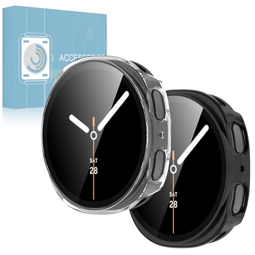 �y2���g�zFor Galaxy Watch 8 44mm �p �P�[�X �K���X�t�B���� ��̌^ Galaxy Watch 8 �ی�J�o�[ �S�ʕی� �����K���X �ϏՌ� �����ߗ� �w��h�~ �X�}�[�g�E�H�b�`�P�[�X�i�u���b�N+�N���A)