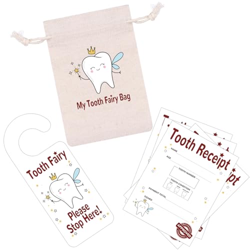 Tooth Fairy Bag Set Includes 1 Tooth Bag 1 Door Hanger 35 Tooth Fairy Receipts Teeth Keepsake Container for Lost Teeth Milk Teeth Encourage Gift