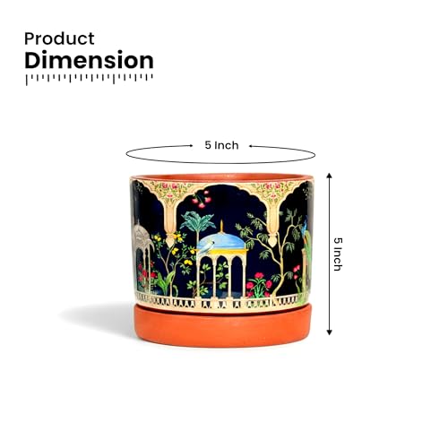 Image of Urban Plant Royal Riyasat 3D Terracotta Pot with Saucer (5 Inch) | Hand-Painted Mughal Art Design Planter | Decorative Indoor Plant Pot with Drainage Hole