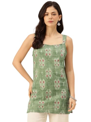Image of feranoid Women's Printed Sleeveless Short Kurti with Stylish Neck, Backless Design & Side Slits (XS-XL)