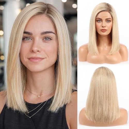 Image of Gray Blonde Wig Human Hair Pre Plucked Straight Short Bob Wigs 5x6 UHD Lace Front Wigs Remy Real Human Hair for Women 14Inch