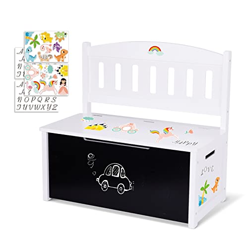 TOOKYLAND Wooden Toy Chest with Safety Hinged Lid for Kids, Toy Organizer and Storage Box with Blackboard, Seating Bench, Personalized Stickers