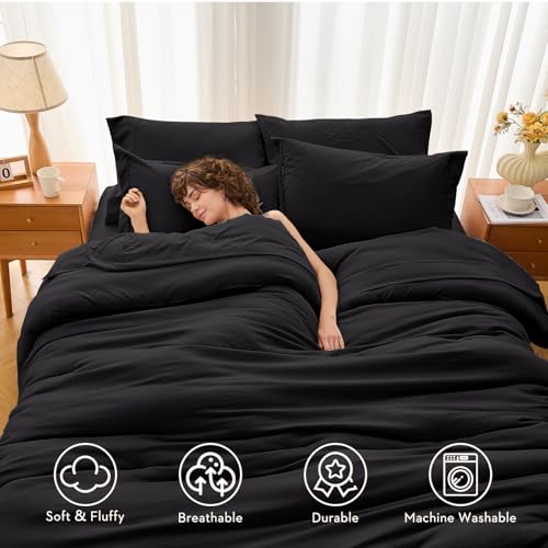 MUXHOMO 5 Pieces Twin XL Comforter Set, Soft Bed in a Bag Twin XL Size, All Season Bedding Set with Comforter, Flat Sheet, Fitted Sheet, Pillowcases & Shams, Black