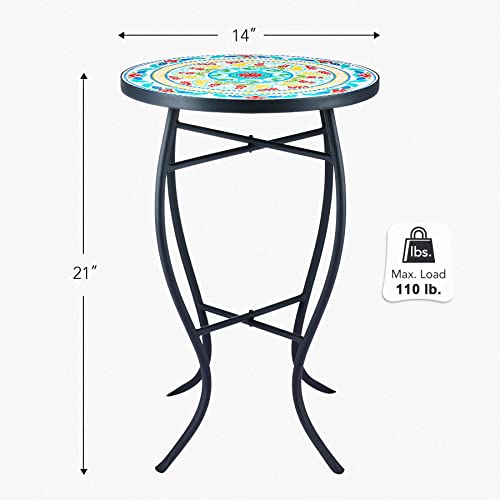 Vonluce 21" Mosaic Plant Stand, 14 Inch Round Side Table With Ceramic Tile Top, Indoor And Outdoor Accent Table, Outdoor Patio Furniture, End Table For Garden Patio Living Room More, Floral #TOP2