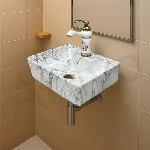 Image of Artiva Designer Ceramic Table Top Wash Basin For Bathroom /Wall Mounted Bathroom Sink /Wall Hung Washbasin /White Wash Basin For Cabinet, Countertop, Vanity (Statuario White 16 x 12 x 5 Inch)