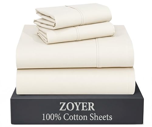 ZOYER 100% Cotton Sheets – Queen Size Percale Bedding, Cooling & Breathable, Durable with a Crisp, Soft & Comfortable Feel, 16" Deep Pocket, 4-Piece Set, Cream White