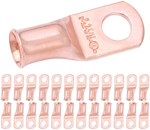 SELTERM 25pcs 2 AWG 5/16" Stud Battery Lugs, Ring Terminals, Heavy Duty Copper Wire Lugs, Battery Cable Ends, 2 Gauge Ring Terminal Connectors, UL Bare Copper Eyelets Electrical Battery Cable Lugs