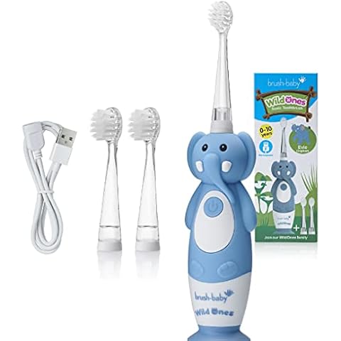 Brush-Baby WildOnes Kids Electric Rechargeable Toothbrush Elephant, 1 Handle, 3 Brush Head, USB Charging Cable, for Ages 0-10 (Elephant) Cover