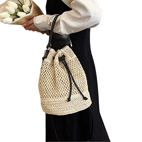 Image of Women Straw Drawstring Bucket Purse Small Tote Shoulder Handbag Hollow Out Cross-body Bag for Summer,Beach | Straw