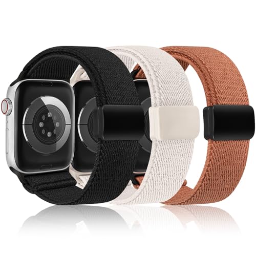 TOYOUTHS 3 Pack Stretchy Loop Band with Magnetic Clasp Compatible with Apple Watch Bands 40mm 38mm 41mm 42mm, Nylon Braided Elastic Strap for iWatch 11 10 9 8 7 6 5 4 SE 3 2 1, Black/Starlight/Brown