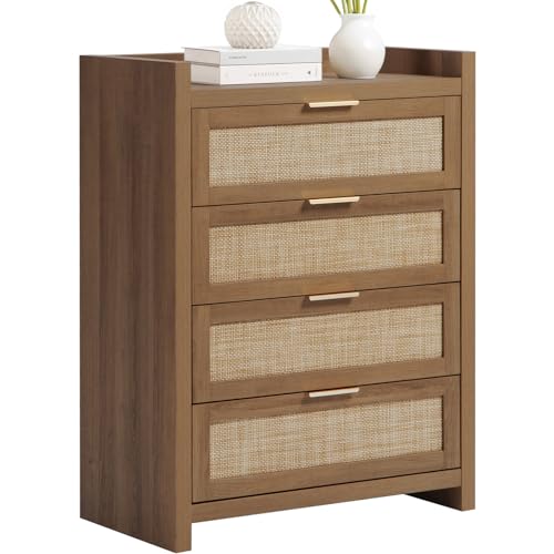 Image of SICOTAS Dresser for Bedroom Chest of Drawers 38" Tall Dresser for Closet with 4 Rattan Drawers Boho Night Stand Large Clothes Storage Cabinet for Living Room Hallway Nursery Entryway