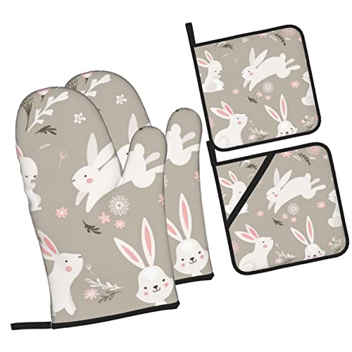 Easter Bunny Floral Printed Oven Mitts And Pot Holders Set Of 4 Heat Resistant Non-Slip Waterproof Oven Gloves For Grilling Bbq Cooking Baking Kitchen Microwave Pizza #TOP1