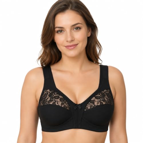 Image of Makii Floral Lace Bras for Women - Full Cup Wireless Bra Firm Control Soft Cup Non-Padded Underwear Ladies Bra UK, Black B 38