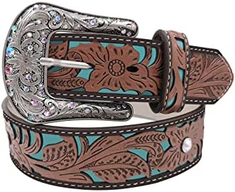 TOPACC Western Belts for Women Turquoise Brown Bling Cowgirl Floral Embossed Engraved Tooled Country Belt for Jeans Gilrs