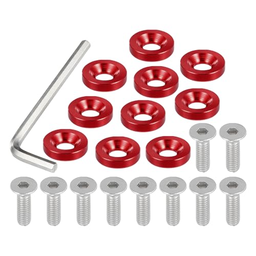 Motoforti Universal Finishing Countersunk Fender Bumper Washers, Gasket Screw Engine Bay Fastener Kit for Car Motorcycle Mechanical RC Parts, M6, Durable, Aluminum Alloy, Red, 1 Set