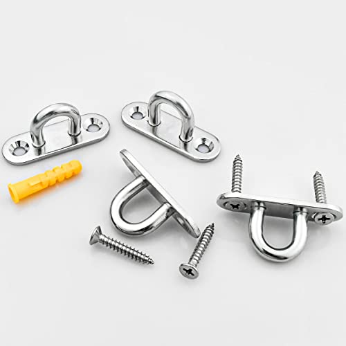 Yuntop 4 Pack 304 Stainless Steel Ceiling Pad Eye Plate U Hook & 8 Pack Screws & 8 Pack Plastic Expansion Tube 1.8 Inch Wall Mount Marine Hardware Staple Hooks Loop Metal Staple Ring Hook Eyes Hanger #TOP4