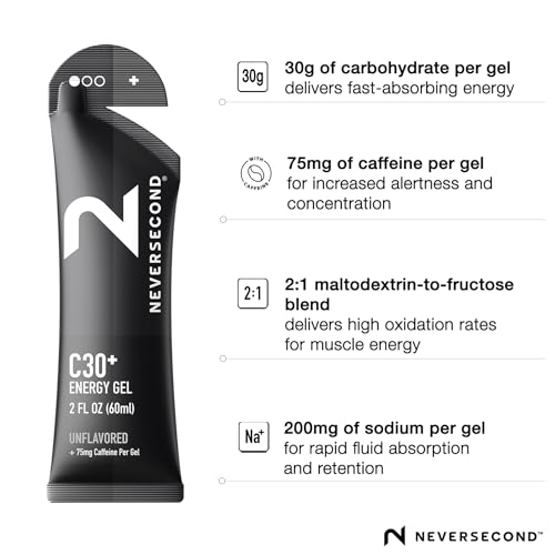 Neversecond C30+ Energy Gel + Caffeine, Performance Nutrition & Hydration, Never2 Energy Gel for Triathlons, Ironman, Cycling & Marathons (Unflavored, 12-Count Pack)