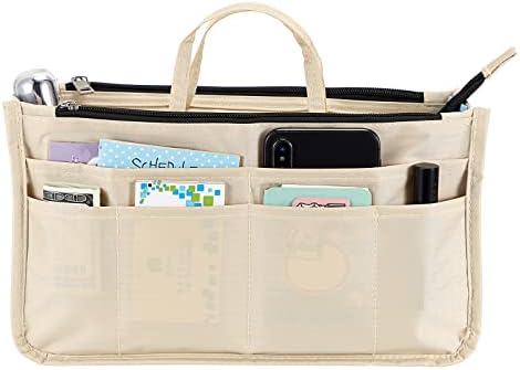IGNPION Printed Insert Handbag Purse Organiser 13 Pockets Expandable Liner Bag Pouch Zipper Closure Tote Organiser Diaper Bag Insert with Handle (Beige