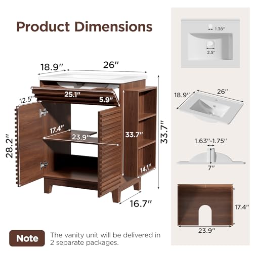 Vabches 29\" Bathroom Vanity with Sink, Mid-Century Bathroom Vanity Cabinet with 3 Open Side Storage Shelves and 1 Drawer, Free Standing Small Bathroom Sink Cabinet Combo Set, Walnut