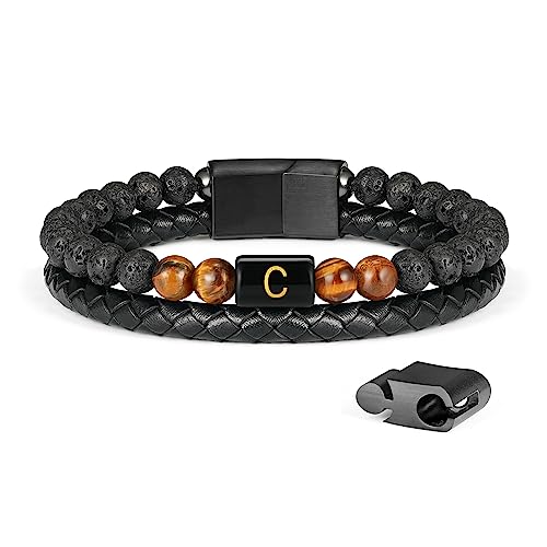 LUXEJEW Beaded Bracelets for Men - Black Mens Leather Bracelet Letter C Initial Bracelets for Men Lava Rock Stone Tiger Eye Mens Bracelet Beads Jewelry Men's Gifts for Husband Dad Son