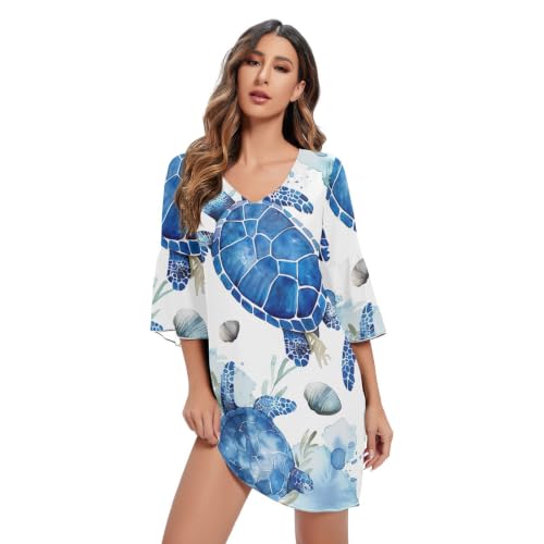 Robe bleue tortue aquarelle coupe trapèze pour rester fraîche et élégante