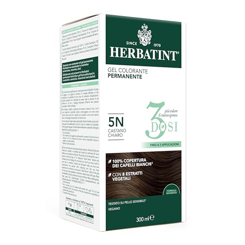 Herbatint Gel colorante permanente 3 dosis, 300 ml – 5N castaño claro, sin amoníaco, para pieles sensibles, cobertura 100% de cabellos blancos, con 8 extractos naturales biológicos