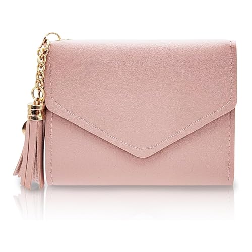 AfitLulu Women’s Wallet, PU Leather Tri-fold Wallet for Women with Heart Pendant & Tassel, 6 Slots, 1 ID Window, 1 Cash Compartment, Slim Card Wallet for Girls Women (Pink)