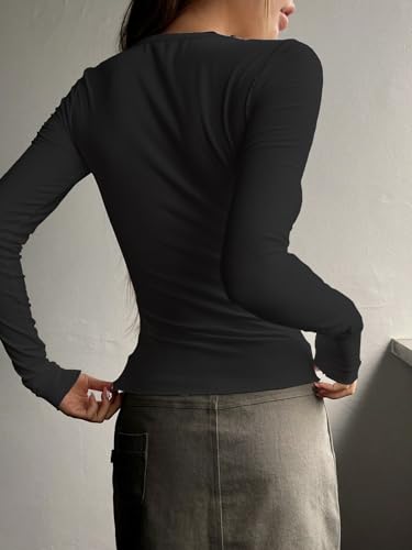 Image of Shasmi Women's & Girl's Long Sleeve Round Neck Solid Color Ruched Workwear Casual Top Half Button Down Henley T-Shirt for Women (Top 128)