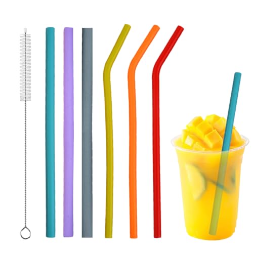 Juego de 6 Pajitas de Silicona Reutilizables con Cepillo Limpiador, para Bebidas Frías y Calientes, Ideal para Niños y Adultos (3 Rectas y 3 Curvas, 6 Colores)
