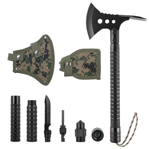 17.7" Portable Survival Axe & Camping Hatchet, Stainless Multitool Tomahawk w/Detachable Handle, Knife, Hoe, Flint, Whistle & Compass for Hiking, Backpacking, Emergency Gear