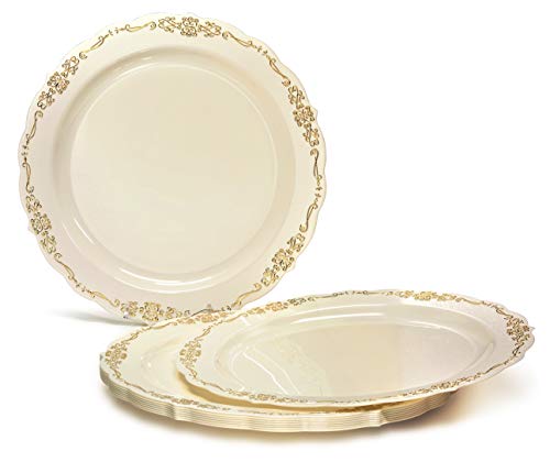 " Occasions " 50 Plates Pack (25 Guests)-Vintage Wedding Party Disposable Plastic Plate Set -25 X 10'' Dinner + 25 X 7.5'' Salad/Dessert Plates (Verona In Ivory And Gold) #TOP1