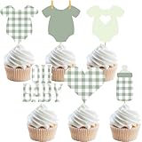 Gingham Baby Cupcake Topper Welcome Baby Shower Decoration Plaid Theme Party Table Ideas Sage Green