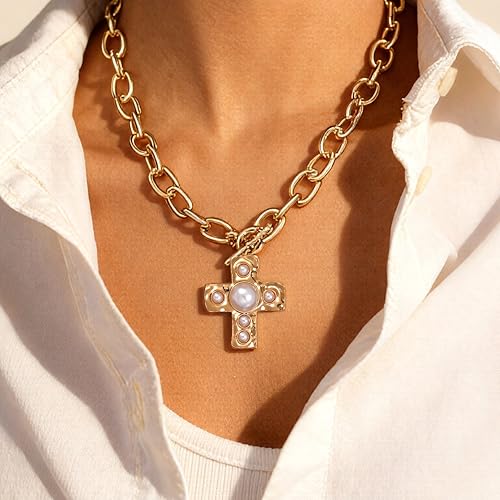 FAXHION Chunky Cross Necklace for Women, Gold Toggle Chain Statement Necklace with Hammered Cross Pendant, Vintage Chunky Necklace Jewelry Gift for Women — view 3