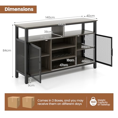 COSTWAY Kitchen Buffet Sideboard, 2-Door Wine Storage Cabinet with Wine Racks, Glass Holders & Shelves, Wooden Server for Dining Room (Grey & Black) - Image 3