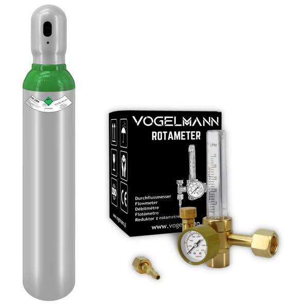 Bombola Gas Argon 4.8 piena 8L 1,5m3 con Regolatore Rotametro Vogelmann, servizio gas, set cilindro saldatore del gas