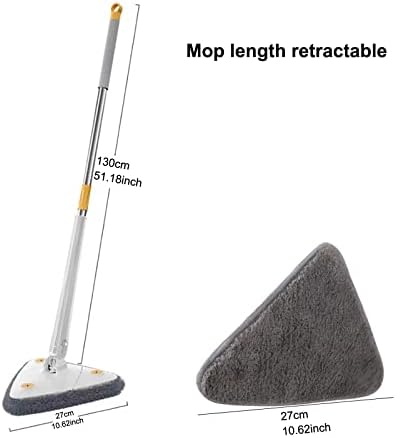 360 Rotatable Adjustable Triangle Cleaning Mop, Telescopic Automatic Water Squeezing Flat Mops, Reusable Super Water Absorber Cleaner Mop for Floor Ceiling Window Wall (White Mop + Mop Cloth x2)