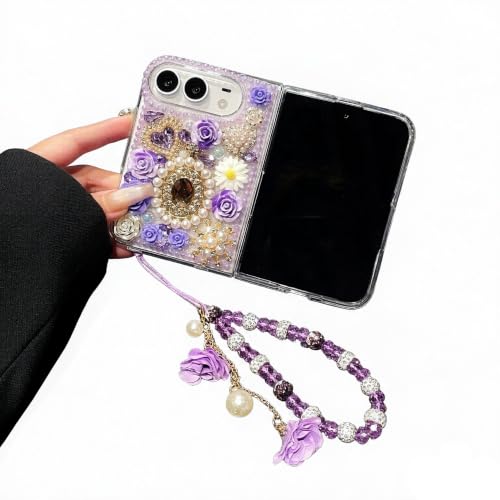 iFiLOVE for iPhone Duo Bling Diamond Case with Flower Strap (Purple)