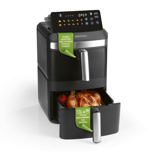 GOURMETmaxx FryUp XL Friteuse à air vertical à double chambre – 12 L | Friteuse à air avec écran tactile LED multicolore de 24,4 cm et 12 programmes | Friteuse à air à 2 compartiments | SYNC