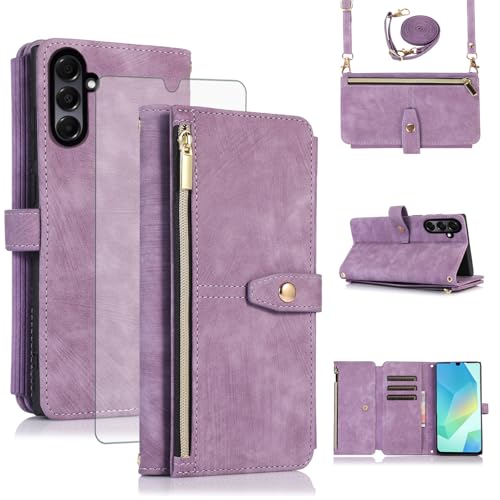 Custodia per Samsung Galaxy A26 5G con nastro pellicola protettiva per carte di credito pieghevole pelle con supporto A 26 26 A LTE chiusura lampo colore: viola