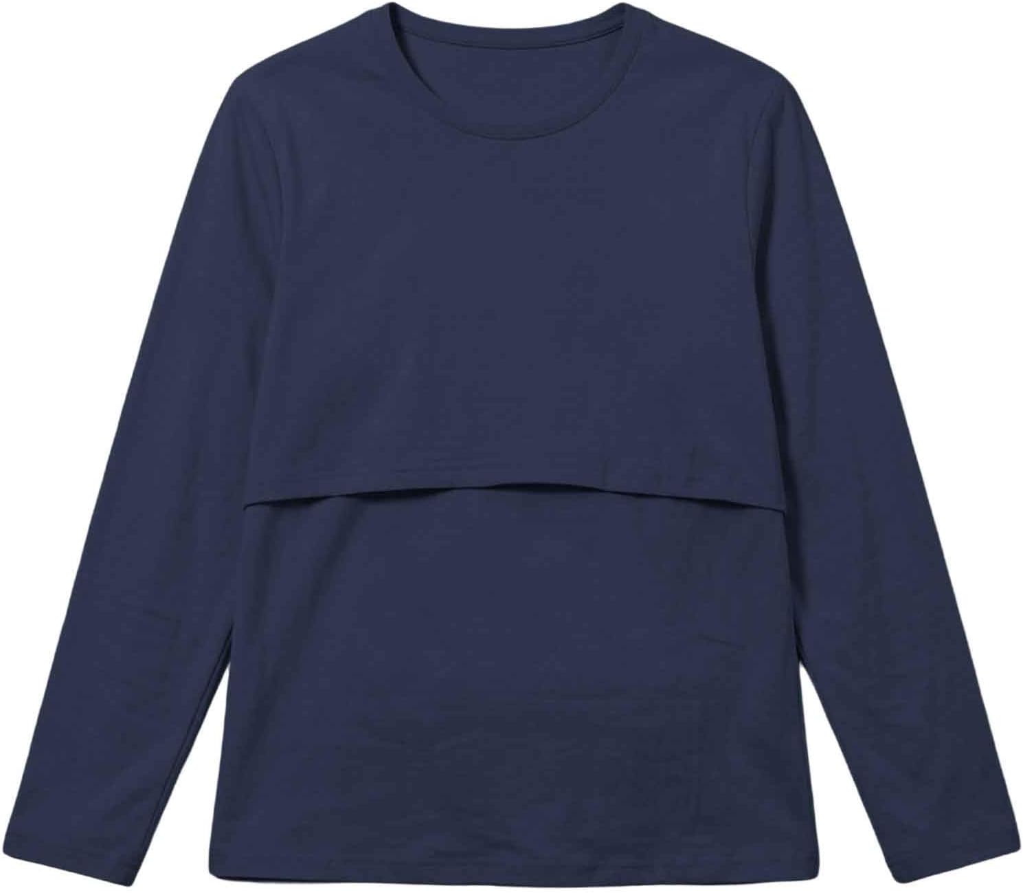 Womens Maternity Shirts Long Sleeve Nursing Tops Casual Blouses | Double Layer Design, Easy Breastfeeding Access, Crew Neckline, Soft Stretchy Fabric, Postpartum Clothes