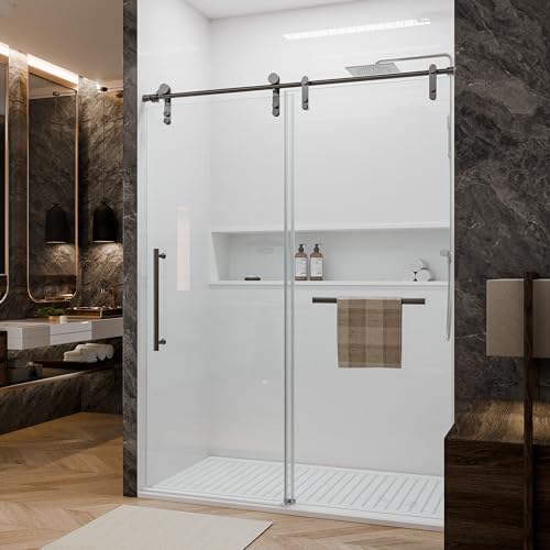 Shower Door 56-60" W × 76" H Glass Shower Door,Frameless Shower Door with Handle and Seal Strip for Waterproof,Sliding Shower Door in Stylish and Modern,Black